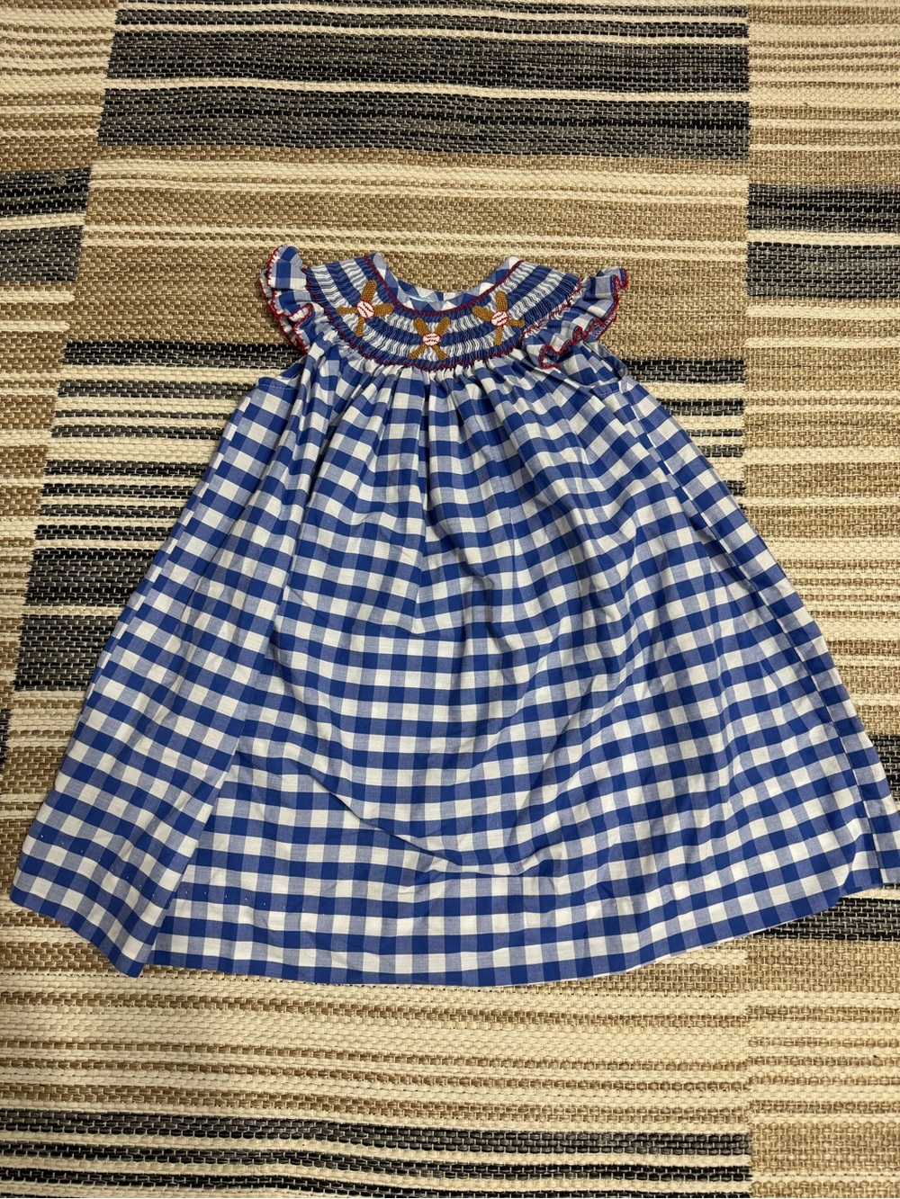 Southern Sunshine Smocked Gingham Blue White Baseball Embroidered Dress 24 Month